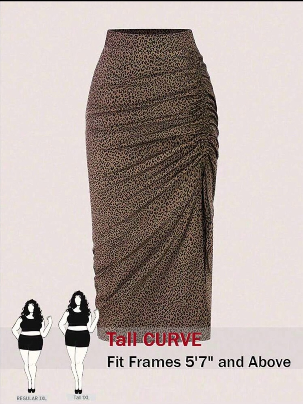 SHEIN Brown Leopard Ruched Tall Curve Midi Skirt